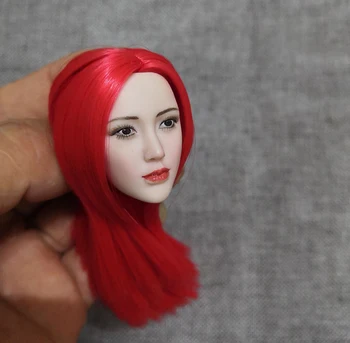 1:6 red Long Hair Asian beauty 1/6 Red Long Hair Planted Head Извайвам Carving Model Fit 12