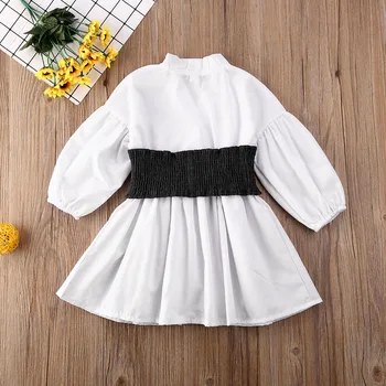 1-6Y Toddler Kids Baby Girls Dress Clothes Long Puff Sleeve Waist White A-Line Shirt Dress Top Outfit Dress