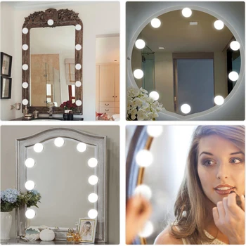 10 led лампи крушки комплект суета огледало за грим на 3 цвята яркост регулируема осветен Холивуд стил представляват козметични огледала