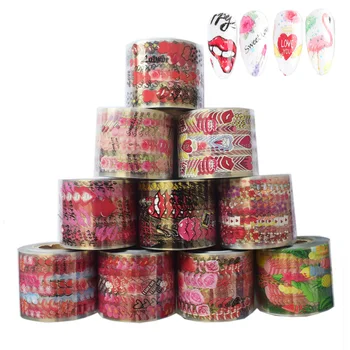 10 роли Flower Love Heart Нокти Foil Sliders Set 50М*4cm Flamingo Rose Lip Design Adhesive Transfer маникюр Polish Wraps етикети