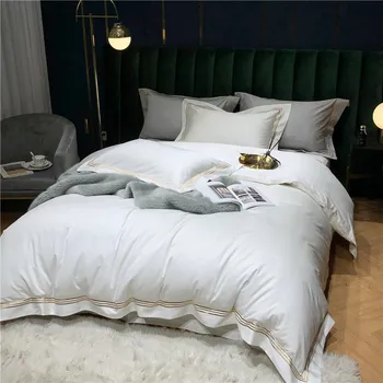 1000TC египетски памук злато бродерия спално бельо, пухени набор от бял сив Сатен хотел спално бельо чаршаф Поп Кралицата размер на 4 бр.
