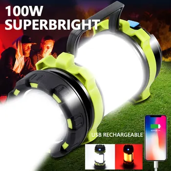 100W Long Use,USB Rechargeable 8000 Lumen LED Факел Къмпинг Фенер Water Resistant Outdoor Search for Flashlight Fish Hunt