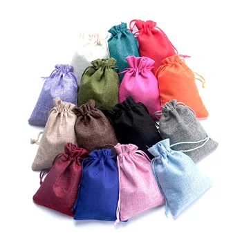 100шт (10x14cm) естествени ленени чанти чанта джутовый торбичка за подарък чанта Drawstring Bag бижута Коледен подарък чанта за домашно съхранение на партията