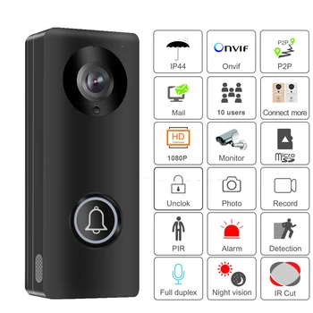 1080P безжичен WiFi видео звънец домофонна система, домофонна система PIR камера Откриване на движение аларма и дистанционно отключване