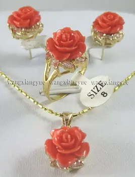 12 мм, розов корал, издълбани цвете обеци, пръстен, колие с висулка комплект бижута