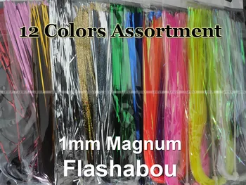 12 цвята, 12 пакета Магнум Flashabou, 1 мм сърма, мухобойка Кука стръв
