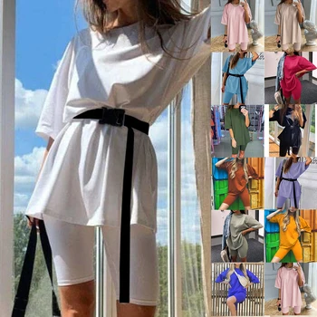 12color Summer 2020 Women Set O образно деколте свободен топ с къс ръкав от риза и байкерские шорти всекидневни комплекти от две части в бяло облекло костюм с цвят каки