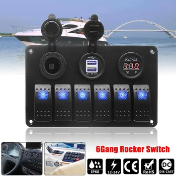 12V-24V 6 Gang LED Rocker Switch Panel Volt Meter Dual USB Power Charger водоустойчив автомобилния камион Marine Boat RV