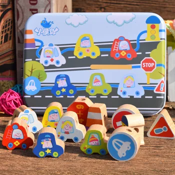 12шт дървени мъниста играчка карикатура животни плодове трафик Монтесори дървени конци играчки развиват интелекта на децата 3D игра пъзел