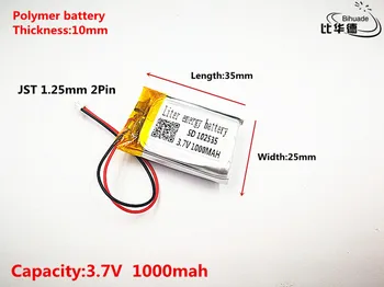 1pcs JST 1.25 mm customized Good Qulity 3.7 V,1000mAH,102535 Polymer lithium ion / Li-ion battery for TOY,POWER BANK,GPS,mp3,mp4