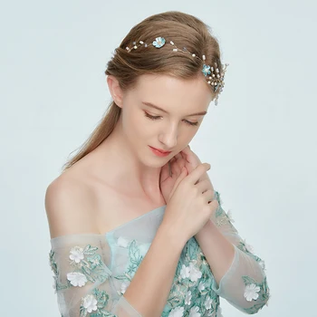 1бр мода сплав синьо цвете Кристал украса за коса за сватба диадема сватба лента за глава Короната ръчно изработени бижута за коса-аксесоари