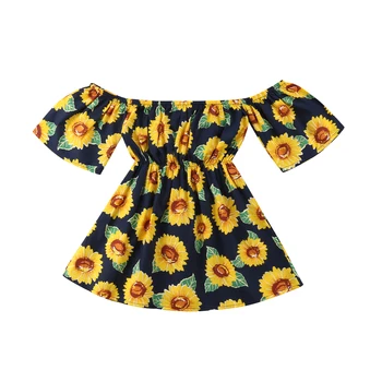 2-6Т сладко бебе деца новородените момичета рокля слънчоглед печат с рамо на партията театрализованное рокля годишният сарафан облекло