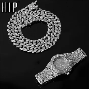 2 бр. колие +часовник хип-хоп Маями Ограничаване на кубинската верига от злато, сребро цвят леден калдъръмени кристали CZ Bling огърлица за мъже бижута