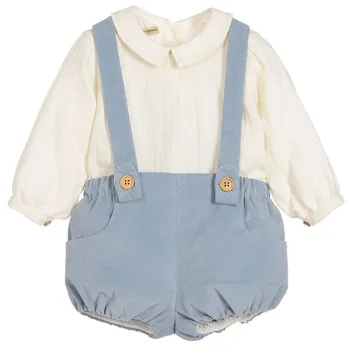 2 елемента детска испанска бутикови дрехи Baby Boys рожден ден на Кръщението комплект дрехи момче с дълъг ръкав бяла риза + син гащеризон