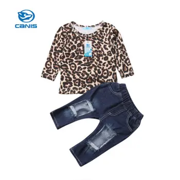 2 елемента деца новородените момичета екипировки Леопард върховете, поли + дупка дънки панталони облекло AU