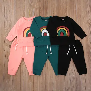 2 елемента есента на бебе Baby Момичета и Момчета дрехи, комплекти Дъга принт пуловер с дълъг ръкав hoody блузи панталони