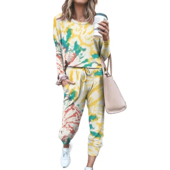 2 елемента жени Tie Боядисват Jogger костюм с дълъг ръкав кръгъл отвор панталони пижами Loungewear жени Sleep Носят пижами пижами за жени