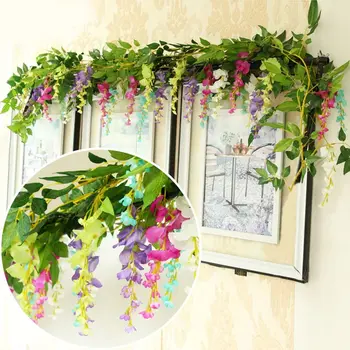 2 м изкуствени цветя от коприна Глициния венец лоза ратан коприна виси цвете за дома, градина, открит сватбена арка цветен декор