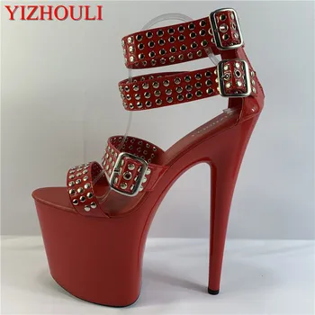 20 см мода висок ток, лека тока покажи на тънка обувки, сексуална лакирана спойка украсена с висок ток изпълнение сандали