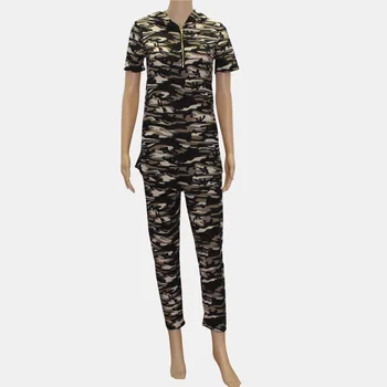 2017 new brand women set hooded top and pants 2in1 camouflage print slim summer camo girls sets