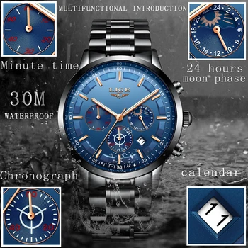 2018 New LIGE Hot Мъжки Fashion Brand часовници е от неръждаема стомана мъжки спортни водоустойчив бизнес светещи часовници Мъжки кварцов часовник