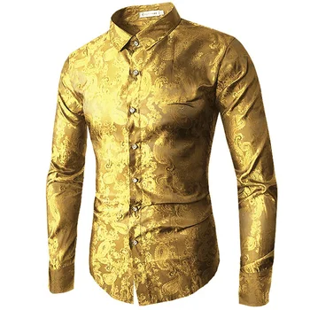 2018 високо качество на червено злато, лилаво, синьо мъжки бродерия обличам риза мода тънък сватбен бизнес на Мъжки ризи с дълъг ръкав