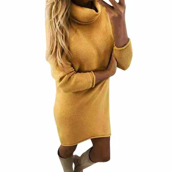 2018 мода дамски пуловер твърди поло пуловер с дълъг ежедневно с дълъг ръкав буфер рокля поло sueteres vestido гола виола