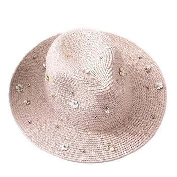 2018 нов летен открит женски слънчеви шапки твърди Голямо Поле слама дишаща регулируема възстановяване на предишното положение Hat мода Перлата на горния капак, за една Дама