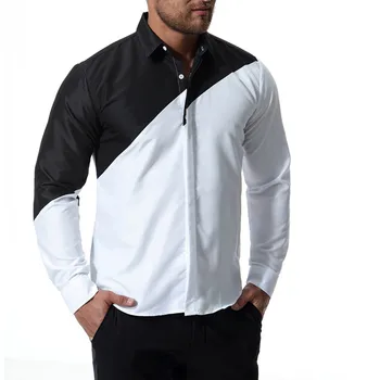 2018-новата мода черно бяла мозайка ризи с дълъг ръкав за мъже есен ежедневни ризи за всеки повод, памучни ризи, мъжки размер САЩ