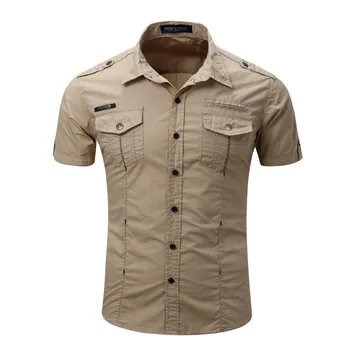 2019 New Arrive Мъжки Cargo Shirt Men-Casual Shirt Solid Short Sleeve Тениски Multi Pocket Work Shirt Plus Size Памук