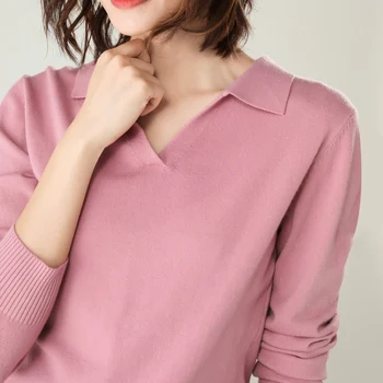 2019 есен и зима нов пуловер жени ревера пуловер пуловер плета дъното ризи плътен цвят голям размер