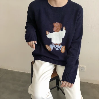 2019 есен и зима ново прием на корейски стил o врата карикатура мечка възли пуловери, дамски пуловери женски (B8667)