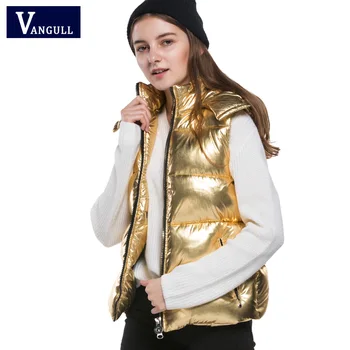 2019 зимна мода нов стил женски Златна жилетка метален цвят на памук мозайка яка жилетка с качулка ежедневното топло палто без ръкави