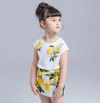 2019 лятна мода Момиче s clothing sets Brand lemon printed baby girl Kids suit Lemon tree sets памучни тениски/блуза+шорти