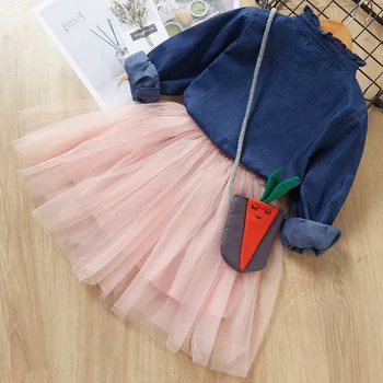 2019 нов зимата на есента комплект дрехи за момичета дънки цветна блуза, риза+ mesh полата момиче 2 елемента деца момичета Детски дрехи