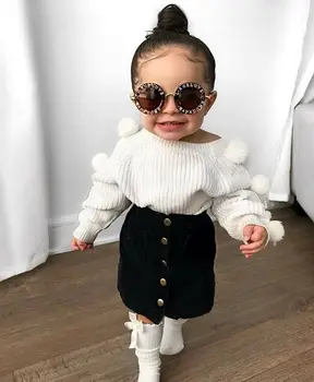 2019 Нови деца Есента Зимата топли екипировки комплекти сладки новородени момичета Hairball плета бял пуловер, потник + бутон мини-пола костюм