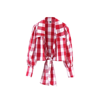 2019 практичен ретро червено каре с буйни ръкав Wrap Къса Риза дамски потници и блузи