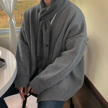 2019 пролет и есен плътен цвят Свободна двойка шик-пуловер, жилетка корейски мъжки пуловер Дивата яке сиво / кафяв M-XL