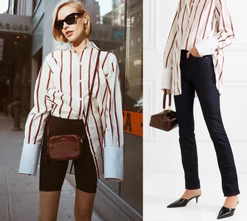 2019 пролет и лято жените червени и бели райета силует памук дизайн риза