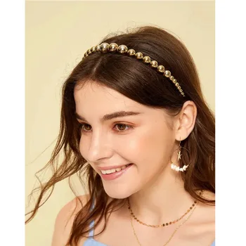 2020 Fashion Style Gold Simulated Pearl Hairband for Woman Vintage Gold Color Геометричен Кръг Топка Wedding Hairband
