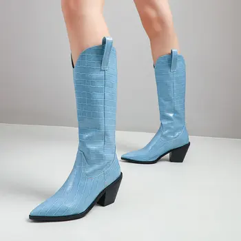 2020 дамска мода коляното ботуши Suqare висок ток дълги ботуши приплъзване на остър чорап западните ботуши есен-зима Дамски обувки