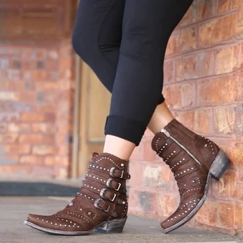2020 Дамски Модни Ботуши Обтегач На Ниски Обувки Дамски Обувки Хладен Британски Нитове Дизайн Мек Метал Къси Ботуши Обувки За Партита Botas De Mujer