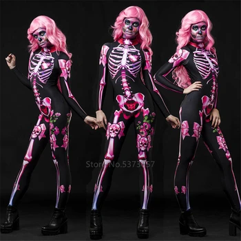 2020 Ден на мъртвите, Хелоуин костюми за възрастни и деца страшен карнавал полиестер партия скелет костюм 3D печат, момичета рокли череп