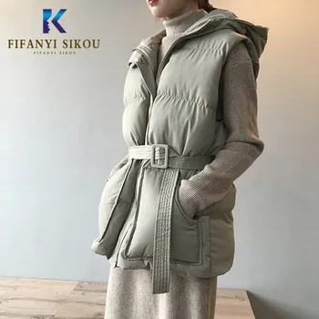 2020 Есен Зима женски жилетка с качулка палто високо качество жилетка мода ежедневни яке без ръкави дебел топъл хлопчатобумажный жилетка, палто