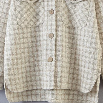 2020 есен ново дамско палто на ревера с дълги ръкави с пясъчен цвят карирани джоба копчета дама темперамент риза яке