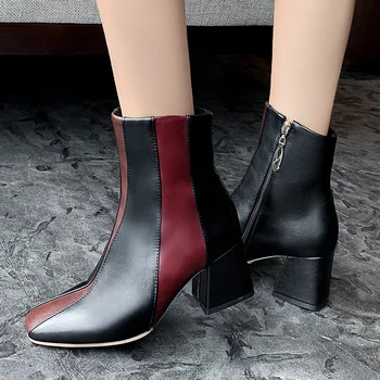 2020 есента с нов цвят на съответствието на дамски ботуши квадратен чорап дебела подметка модерни обувки на висок ток, елегантен и универсален дамски обувки