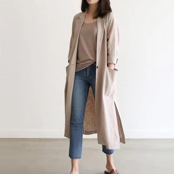 2020 жените есен памук и лен дълъг дъждобран пълен ръкав на един бутон Сплит подгъва свободни тънко яке