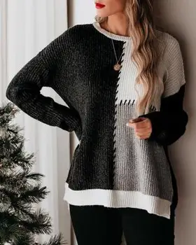 2020 женски пуловер новият есенно-зимния случайни свободен пуловер в контрастен цвят, с кръгло деколте вязаный топ