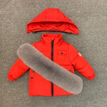 2020 зимен костюм от естествена кожа за деца пуховый топъл костюм за малки момчета с качулка комплекти дрехи за момичета открит снежен костюм детски спортен спортен костюм