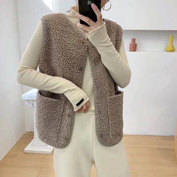2020 зимна жилетка дамско палто без ръкави, изкуствена кожа агне топло яке Корея случайни плътен цвят с V образно деколте джобовете на топлинна жилетка